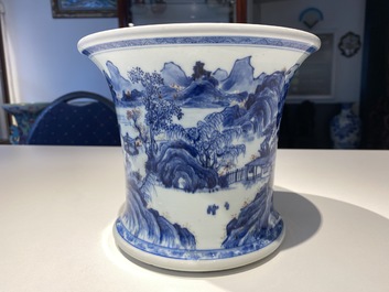 A fine Chinese blue, white and copper red 'Master of the Rocks' brush pot, Kangxi